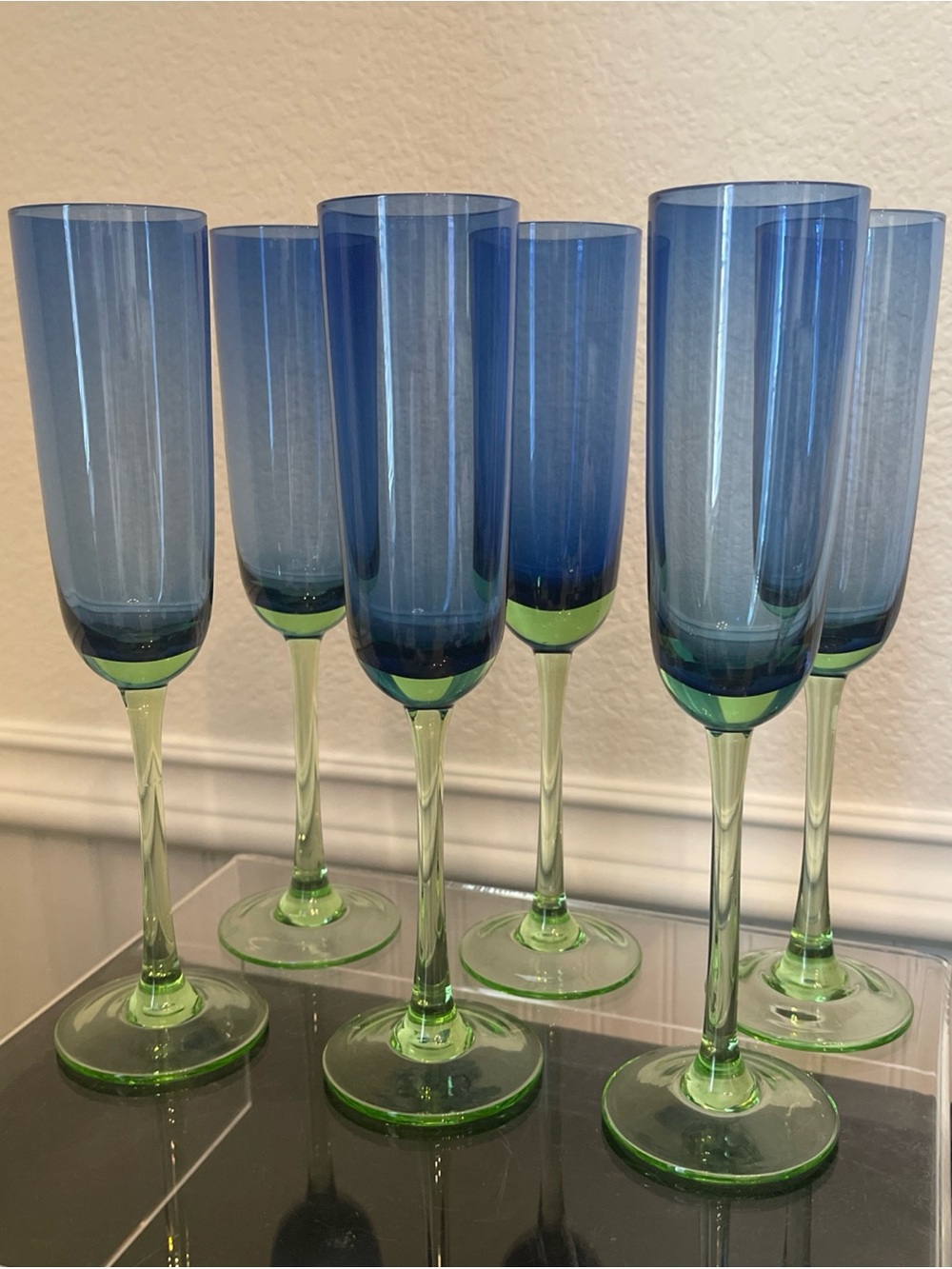 Festival Block Blue & Green Champagne Glasses Flutes set of 6